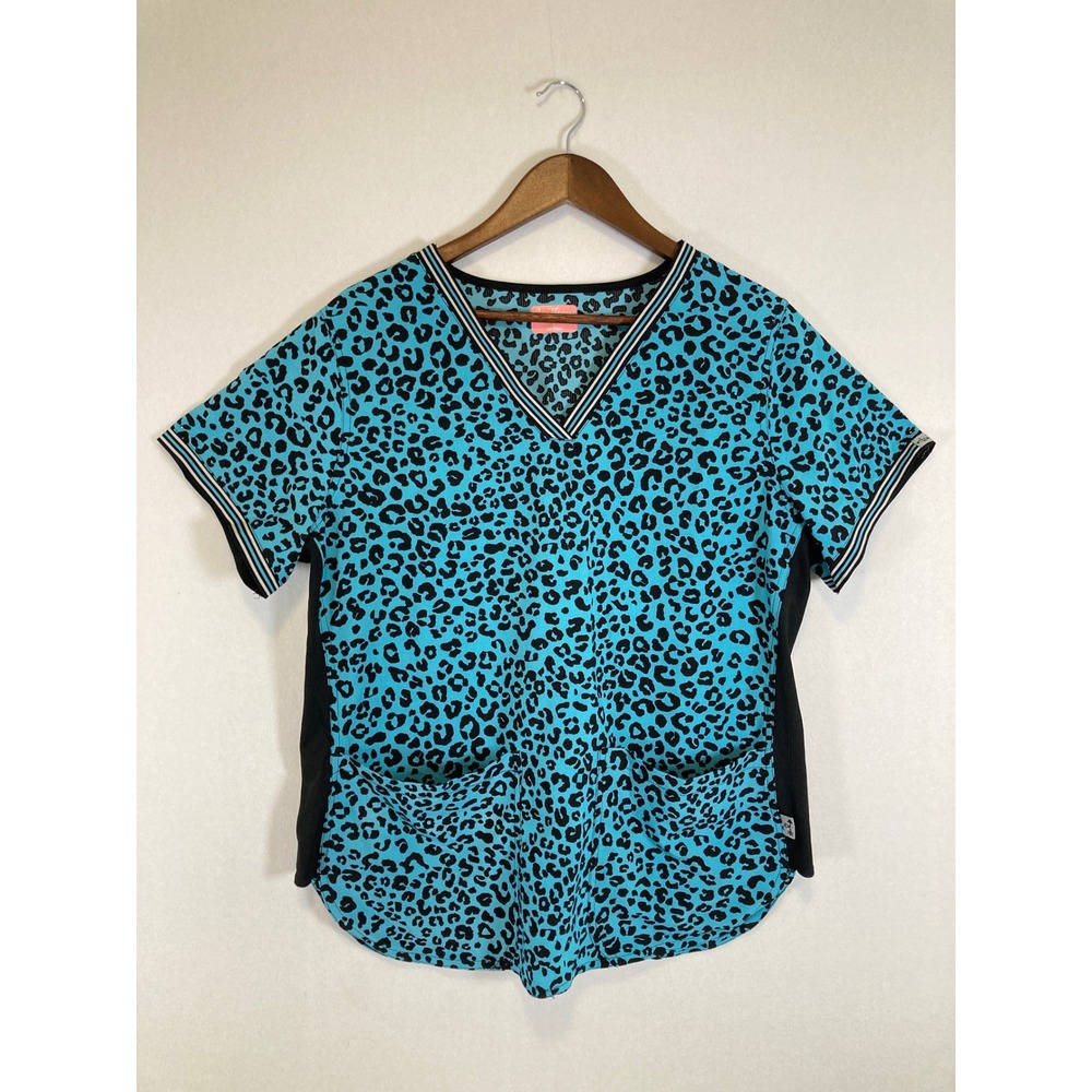 Leopard Print Ava Therese Women Large Turquoise Blue V-Neck Scrub‎ Top